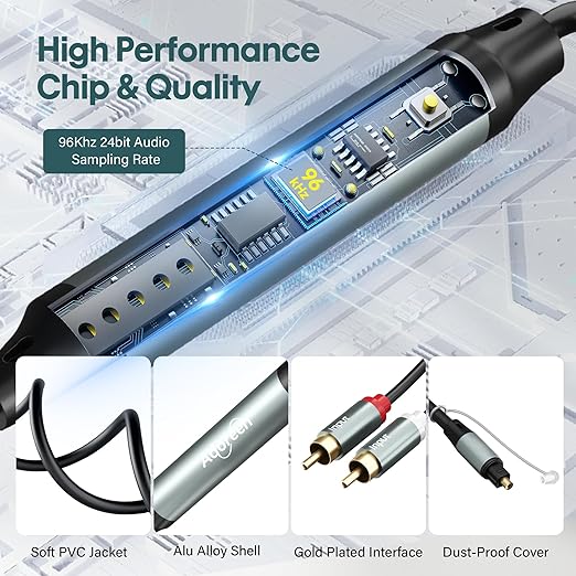 Adoreen Unidirectional 2 RCA Input to SPDIF/Toslink Output Optical Adapter Cable 4 Ft, Analog to Digital Audio Converter, 48Khz/96Khz for Turntable CD DVD to Soundbar TV Home Theater System