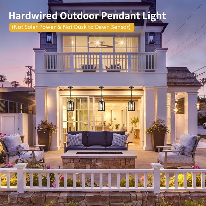 MYHXQ 11'' Outdoor Pendant Light, Modern Outside Chandelier Outdoor Hanging Lantern Light, Matte Black with Clear Glass, Exterior Pendant Lighting Fixture for Porch, Yard, Gazebo, 1Pack