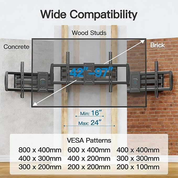 PERLESMITH Full Motion TV Wall Mount for 42”-97” TVs up to 165lbs, TV Mount Bracket with Dual Articulating Arms Swivel Tilt Extension, Max VESA 800x400mm, Fits 16”18” to 24" Studs, PSXFK1