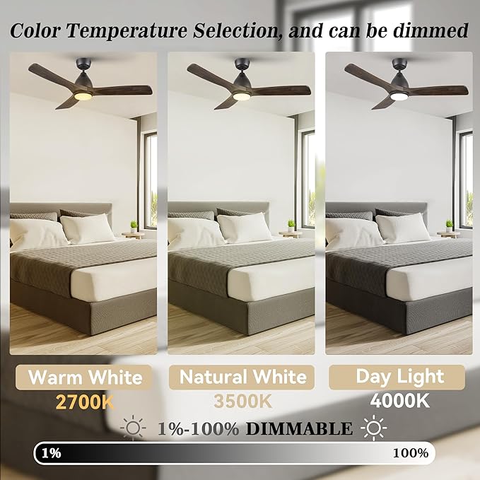 SMAAIR 48" Smart Ceiling Fan with Lights and Remote,Low Profile Modern Ceiling Fan,3 Solid Wood Blades,Works with Siri/Alexa/Google Assistant,10 Speed DC Motor,Dimmable,Indoor Use,Brown Walnut