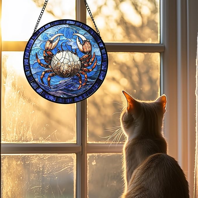 DASTOLL Stained Glass Window Hanging 4 Pcs Set Blue Ocean Waves 7.8" - Starfish Crab Seal Suncatcher Door Garden Sun Catcher Decor Birthday for Mom Woman Nana Men Friend