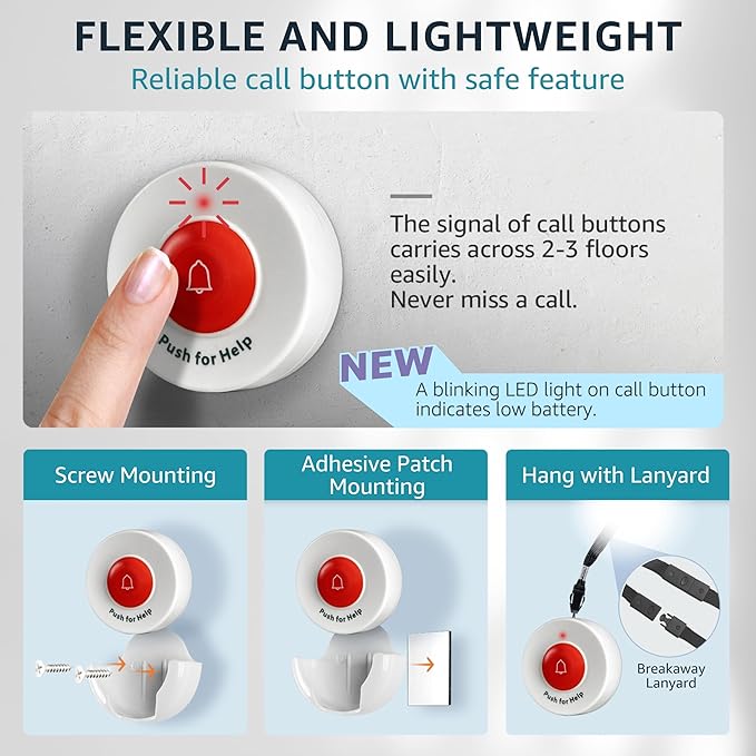 SYNLETT Caregiver Pager Wireless Nurse Call Button for Elderly Home Monitoring Alert System Portable Alarm Bell Seniors Patients Emergency 3 Call Buttons, 2 Pagers