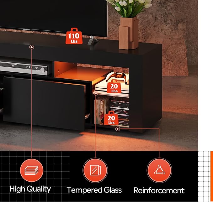 WLIVE 63 inch TV Stand for 50 55 60 65 70 75 Inch TVs, Modern Entertainment Center with LED Lights & 2 Large Storage Drawers, TV Console Gaming Media Television Stands for Living Room, Bedroom(Black)