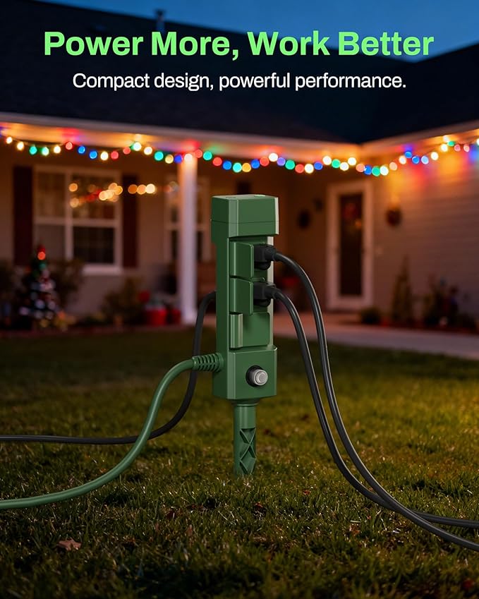 BN-LINK Outdoor Power Stake Timer, Dusk to Dawn Sensor for Outdoor Lights, 6 Grounded Outlets, 6ft Extension Cord, 1875W/15A,Christmas Decorations, ETL Listed