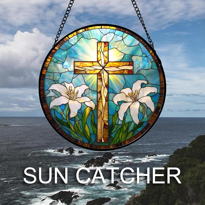 DASTOLL Christian Gifts for Women - Cross Stained Glass Window Hanging Jesus Easter White Lily Flower Sun Catcher Garden Religion Decor Mother's Day Catholic Gift for Men Grandma Mom Her Nana 9.8"