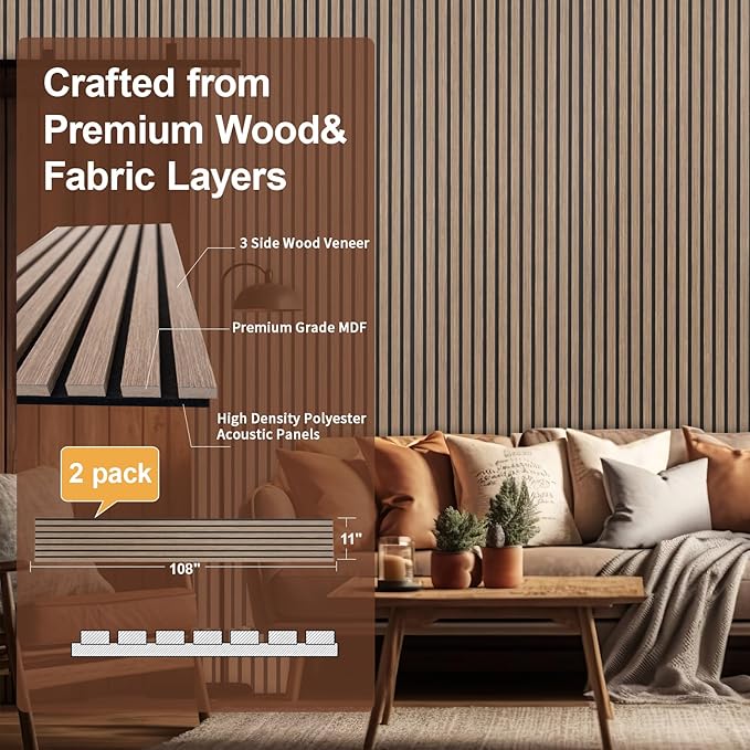Yuzzy Wood Panels for Wall - 9 Feet Dark Walnut Wood Slat Acoustic Panels 2 PCS - Modern Sound Absorbing Wall Panels for Interior Wall Decor for Home, Office, Studio
