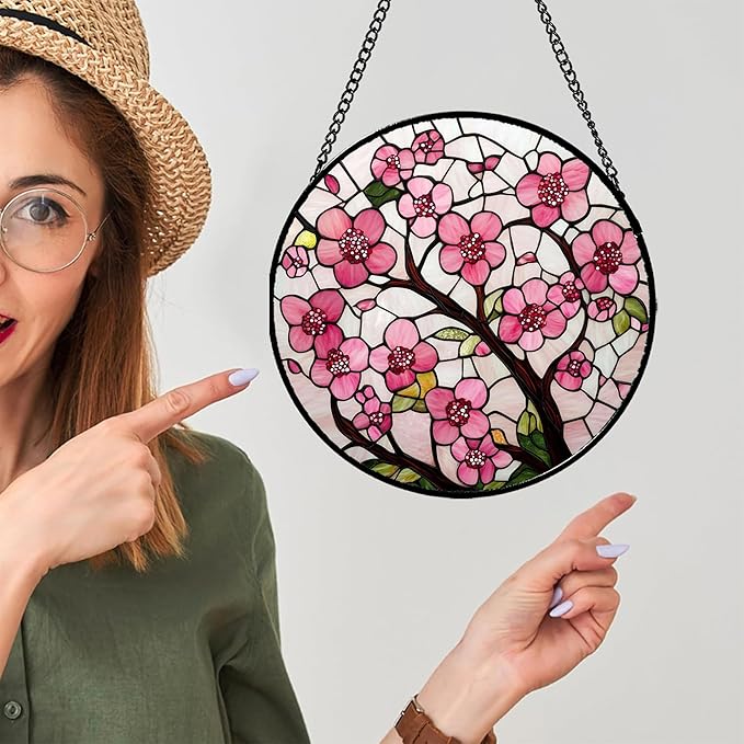 CRISGIF Stained Glass Window Hanging - Cherry Blossoms Birth Flower Suncatcher for Door Garden Patio Sun Catchers Decor Christmas Mother's Day Birthday Gifts for Women Mom Nana Friend Wife 11.8 in