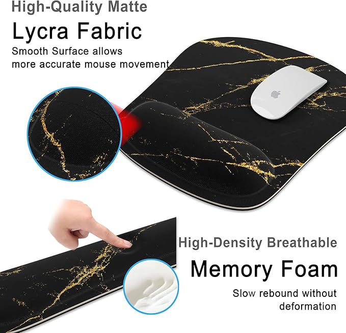 Keyboard Wrist Rest Memory Foam Ergonomic Mouse Pad with Computer Wrist Support Set with Non-Slip Rubber Base Coaster for Home, Office Easy Typing and Pain Relief - Black Marble