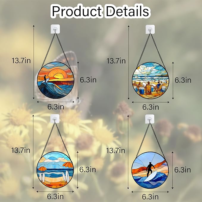AMDERVEN Stained Glass Window Hanging 4 Pcs Set Blue Ocean Surfing Beach 6.3" - Suncatcher Door Garden Sun Catcher Decor Birthday Mother's Day for Firefighte Men Woman Nana Mom