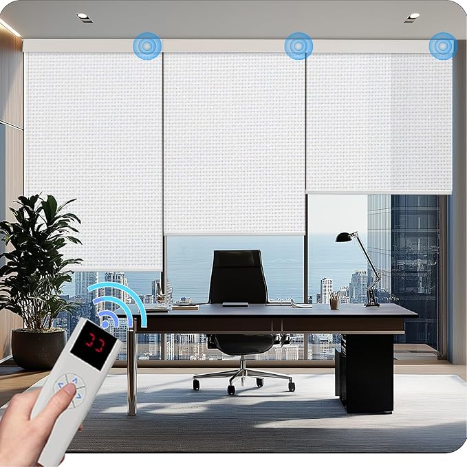 COOLWINDS Motorized Blinds with Remote Cordless Automatic Motorized Shades Custom Blinds for Windows Smart Curtains Compatible with Alexa Google Home(3% Solar White,W27 x H72in)