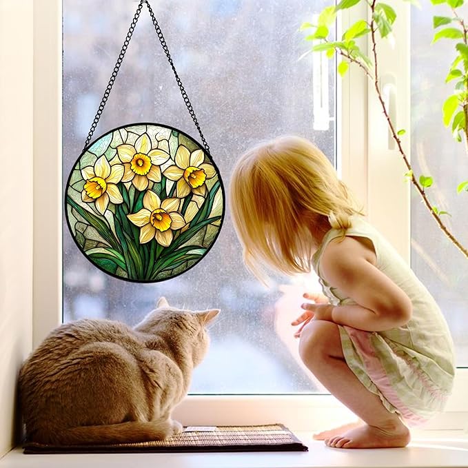 DASTOLL Stained Glass Window Hanging, Daffodil Plant Flowers Sun Catchers Diamond Glass Panel Hangings Suncatcher Decor for Birthday for Women, Men, Wife, Aunt,and Mom 9.8X9.8IN