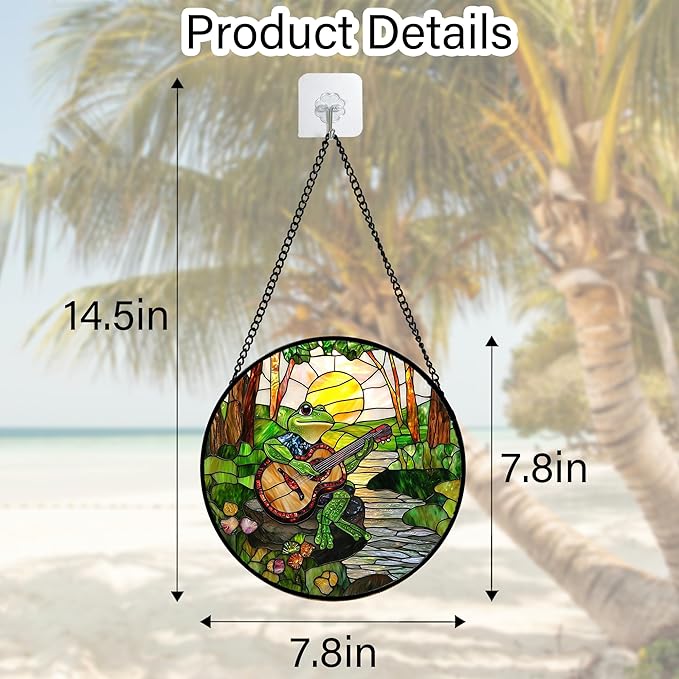 DASTOLL Stained Glass Window Hanging, Frog Playing Guitar Suncatcher Diamond Glass Panel Funny Sun Catchers Decor for Birthday for Women, Men, Wife, Aunt, and Mom 6.3 in