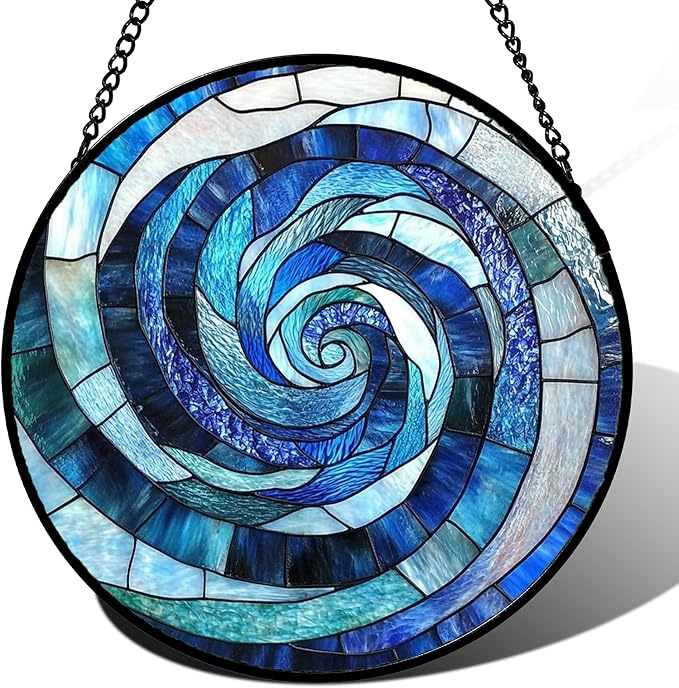 CRISGIF Stained Glass Window Hanging - Blue Abstract Swirl Suncatcher for Doors Garden Patio Unique Sun Catchers Decor Christmas Mother's Day Birthday Gifts for Women Men Mom Nana Friend 9.8 in