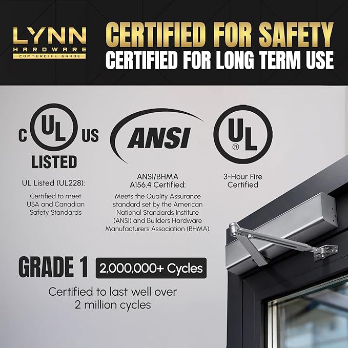 LYNN HARDWARE Heavy Duty Automatic Door Closer (Black) - Commercial Grade, Contractors Choice, Adjustable Speed & Force, Delayed Closing Timer, 3 Mounting Options, 3 Hour Fire Rated (DC8016 Model)