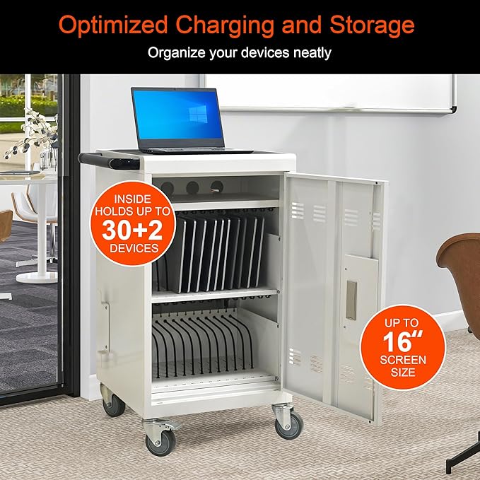Aokleo Laptop Charging Cart,32 Devices Tablet Storage Carts for pad Up to 16.3" Screen, Classroom Computer Mobile Charging Station for Pads, Chromebooks,Laptops, Updated Password Lock(32 Bay-White)