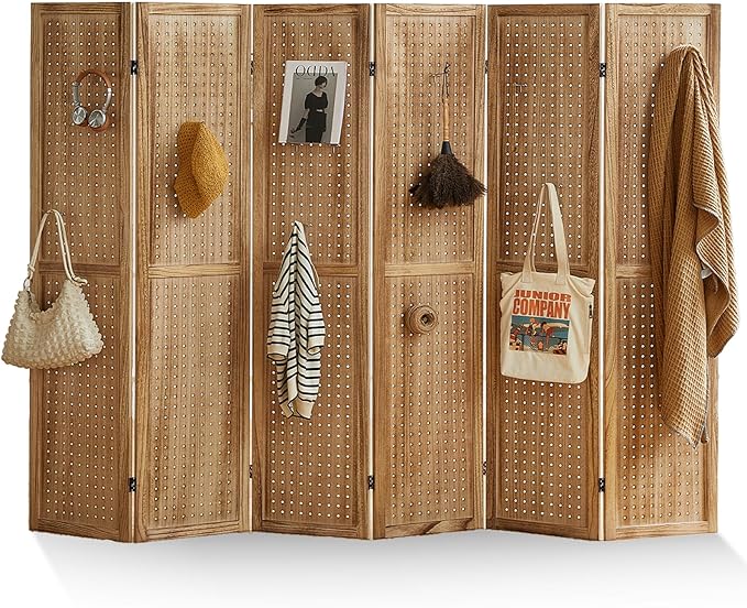 Asnefeli Pegboard Display Room Divider with 24 Hooks, 6 Panel 5.6Ft Wood Room Divider Folding Privacy Screen, Portable Freestanding Wall Organizer for Retail Craft Art Display Board, Natural