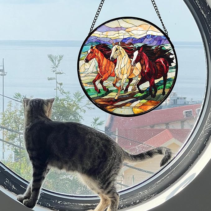 DASTOLL Stained Glass Window Hanging, Colorful Landscape Running Horse Suncatcher for Doors Window Home Sun Catchers Decoration Mother's Day Birthday Gifts for Women, Men, and Mom 15x15 in