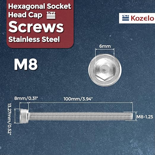 Kozelo 8pcs Socket Head Cap Screws - [M8-1.25 x 100mm] 304 Stainless Steel Allen Socket Drive for Electrical Motor 3D Printing Fan Engine Replacement Use, Silver