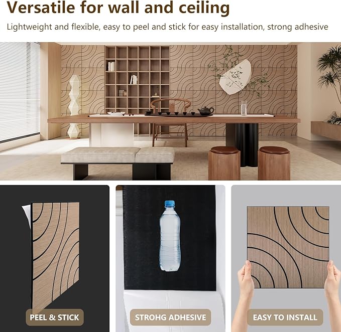 ARMURO 4 Packs Acoustic Wall Panels - Self-Adhesive 3D Wood Slat Wall Panel- Peel and Stick Sound Absorbing Panels for Noise Reducing - Feature Wall Decor for Home & Office