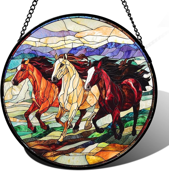 DASTOLL Stained Glass Window Hanging, Colorful Landscape Running Horse Suncatcher for Doors Window Home Sun Catchers Decoration Mother's Day Birthday Gifts for Women, Men, and Mom 11.8x11.8 in