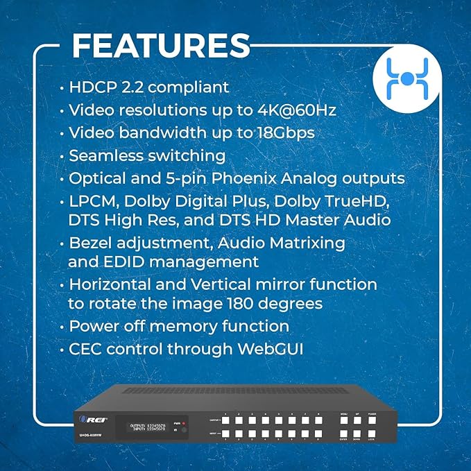 OREI 4K 8x8 Seamless HDMI Matrix Switch Video Wall Controller HDMI Processor Upto 4K 60hz 4:4:4 8-bit - HDMI 2.0, HDCP 2.2, 18 Gbps, UltaHD 4x2, 2x2, 1x4, 1x2, 4x1 Remote Control (UHDS-808VW)