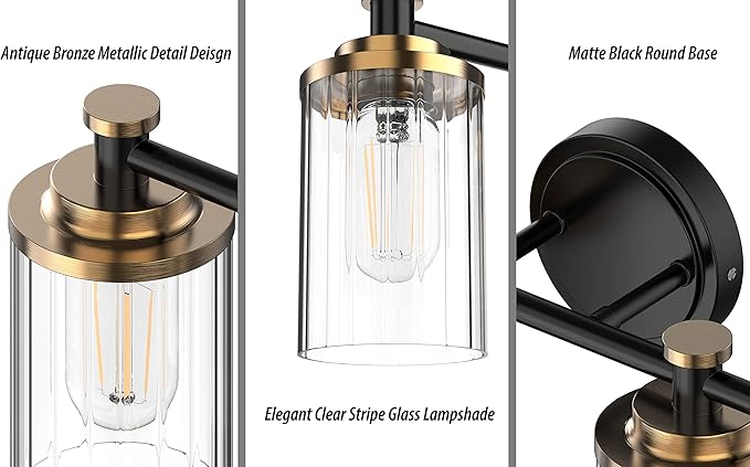 PHIXART Bathroom Lighting Fixtures Black and Gold Bathroom Vanity Light with Cylindrical Clear Stripes Glass Lampshade E26 Socket Base Bathroom Lighting Fixtures Over Mirror (2 Lights)