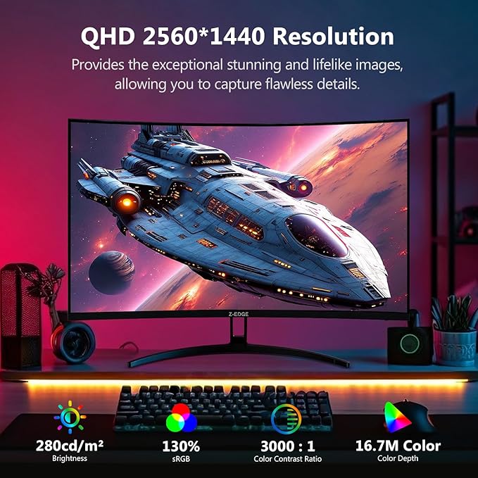 Z-Edge 32 inch Curved Gaming Monitor, QHD 1440P 180Hz 165Hz 144Hz Curved Monitor, 1500R Computer Monitor, MPRT 1ms Monitor, 16.7M Colors, 3000:1 Contrast, UG32 Ultra Slim Bezel, DP x2, HDMI x2