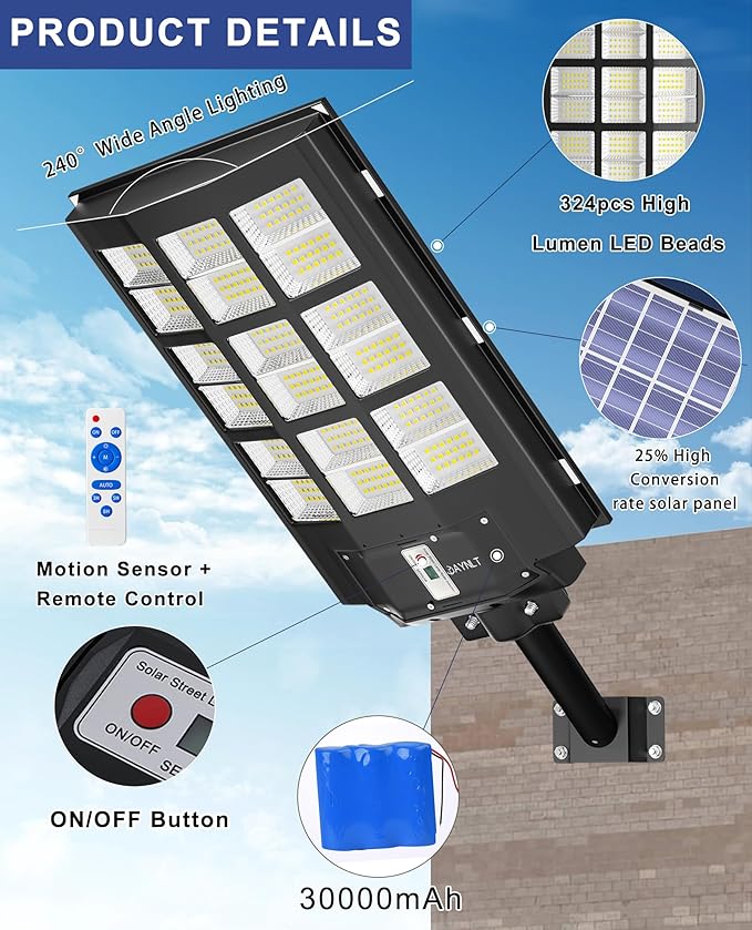 JAYNLT Y-3600W Solar Street Lights Outdoor,360000LM 6500K Parking Lot Lights Commercial, Waterproof Dusk to Dawn Solar Security Flood Lamps Motion Sensor for Driveway,Basketball Court
