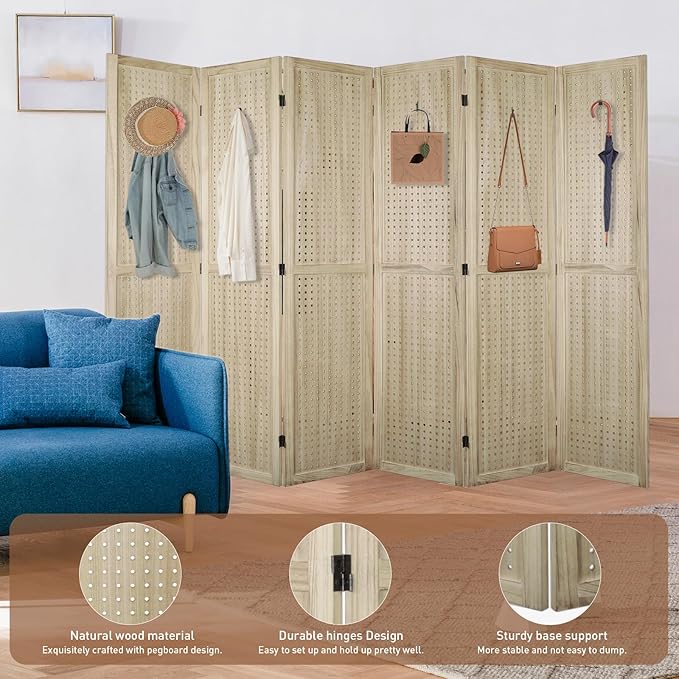 ECOMEX 6 Panel Room Divider, 5.6Ft Pegboard Display Wooden Folding Privacy Screen Freestanding Peg Board for Trade Show Craft Show Home Wall Organizer, Natural Wood