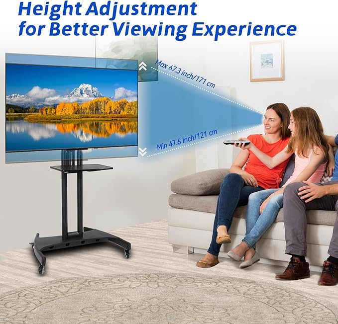 GCCSJ Rolling TV Stand with Adjustable Shelf，Portable TV Stand on Wheels for 32-75 Inch Screens，Heavy Duty Base Mobile TV Cart，132 LBS Weight Capacity， Suitable for Living Room/Bedroom/Office