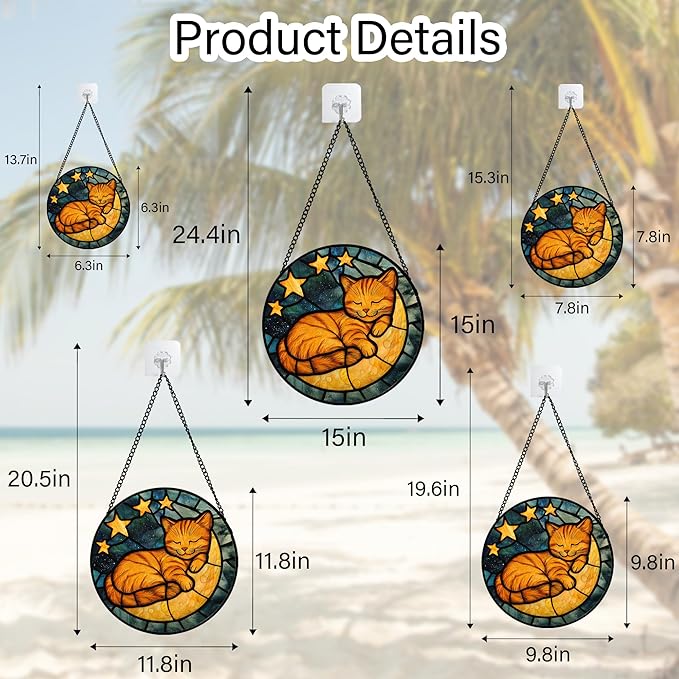 AMDERVEN Stained Glass Window Hanging - Orange Cat Sun Catcher for Door Home Decor Stars and Moon Suncatcher Christmas Mother's Day Birthday Loss of a Pet Gifts for Women Men Mom Nana 15 in