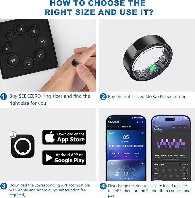 SEEKZERO Smart Ring for Women Men, Titanium Fitness Ring with Heart Rate, Stress & Sleep Monitoring,Step & Calorie Counter, 5ATM Waterproof for iPhone and Android,No Subscription Fee (Black, 6)
