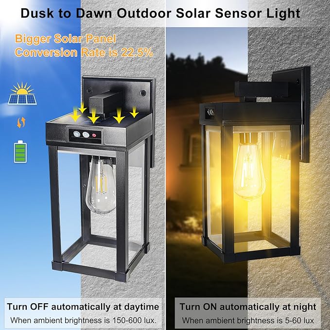 CYHKEE 2 Pack Solar Wall Lights Outdoor Waterproof with 3 Lighting Modes & Motion Sensor, Dusk to Dawn Exterior Porch Light fixtures, Solar Wall Lantern Fixture for Garage Porch Yard Front Door