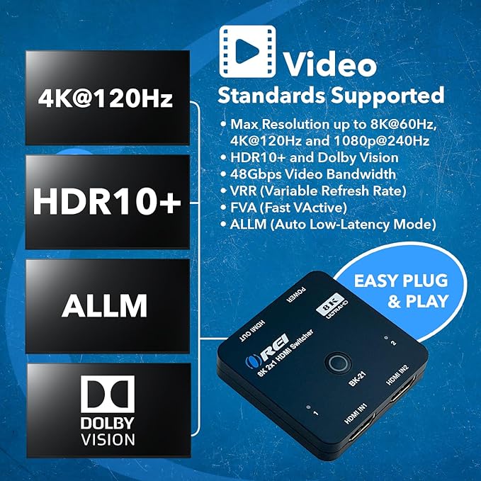 OREI 8K 2x1 HDMI Switch 4K@120hz - Auto HDMI Selector 48Gbps High Resolution Switch Between 2 Inputs Perfect for Gaming, PS5, Xbox, HDR10, Dolby Vision