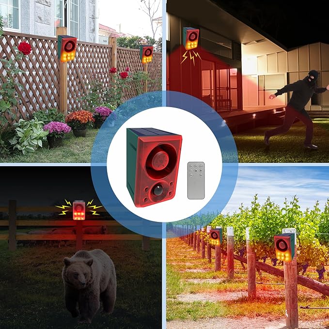 ChunHee Solar Outdoor Motion Sensor Alarm with Dog Barking Gunshot Sound, Support Recording and Adjustable Volume, 130db Loud Noise Maker 3 Work Modes Strobe Light for Home, Villa, Farm, Barn (4pack)