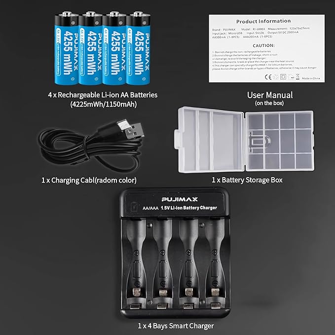 PUJIMAX Rechargeable AA Batteries Lithium with Charger,High Capacity 4255 mWh 1.5v Rechargeable Li-ion Double A Batteries for Blink Camera Smart Doorbell Smart Lock 4pack