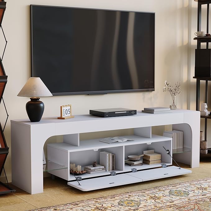 IDEALHOUSE LED TV Stand for 55 to 75 Inch TV, White Entertainment Center with Storage Drawer & Glass Shelves, Modern TV Console Table with Color Changing Lights for Living Room Bedroom