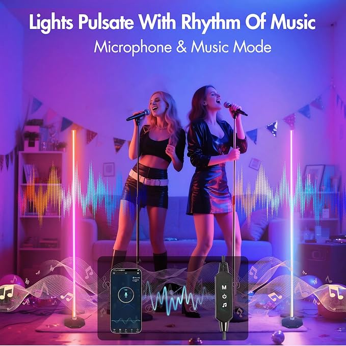 PTVGS LED RGB Corner Lamp: Smart RGB LED Corner Floor Lamp Adjustable Height with 16 Millon RGBWIC Color Changing Lights 300+ Scene,Music Sync&Timer,Ambient Lighting for Living Room,Bedroom,Game Room
