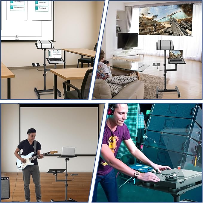 GSOW 2 Shelves Mobile Projector Stand, Rolling Laptop Stand Adjustable Height to 47 Inches, Podium Stands with Ventilated Tray, Heavy Duty, Laptop Floor Stand for Office, Home, Stage, DJ