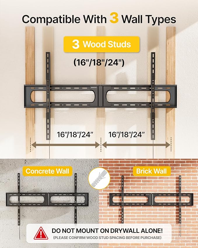 monTEK Heavy Duty XXL Fixed TV Wall Mount for 37–140" Flat & Curved TVs up to 300 lbs, 4× Load Tested, 1.25" Ultra Slim Low Profile Bracket, Fits 16"/18"/24" Wood Studs,VESA 1200×800mm TM1007W-XLF