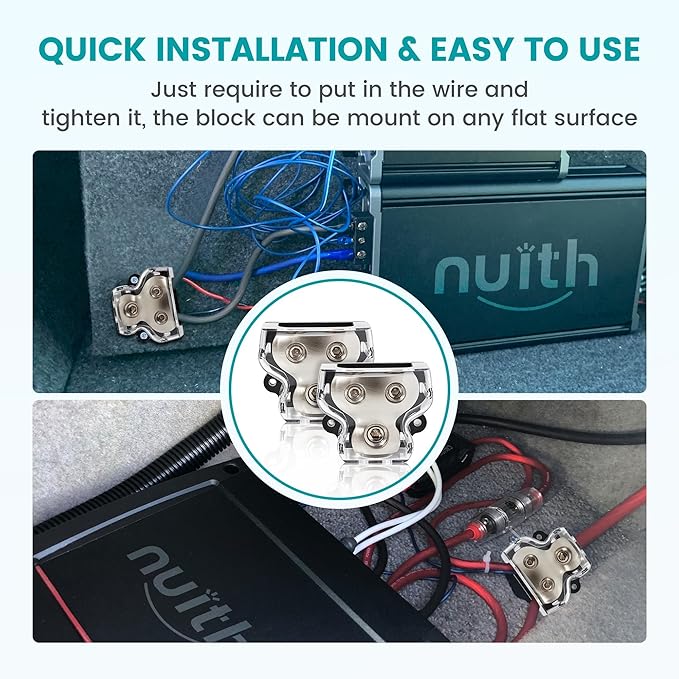 NuIth 2PCS 2-Way Power Distribution Block, 0/2/4 Gauge Input in 4/8 Gauge Out Auto Stereo Ground Distribution Blocks 2 Way for Car Audio Amplifier Splitter