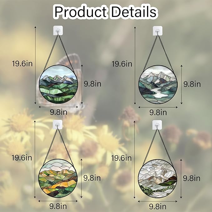 AMDERVEN Stained Glass Window Hanging 4 Pcs Set Mountain River Landscape 9.8" - Suncatcher Door Garden Sun Catcher Decor Birthday Mother's Day for Mom Woman Nana Girl Boy Friend