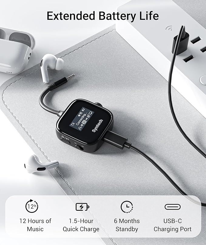 Syntech Airplane Bluetooth Transmitter Receiver 5.4 Adapter for 2 AirPods or Wireless Headphones, HD Display Low Latency 3.5mm AUX Jack Bluetooth Audio Adapter for Flying, TV, Car, Gym, Home Stereo
