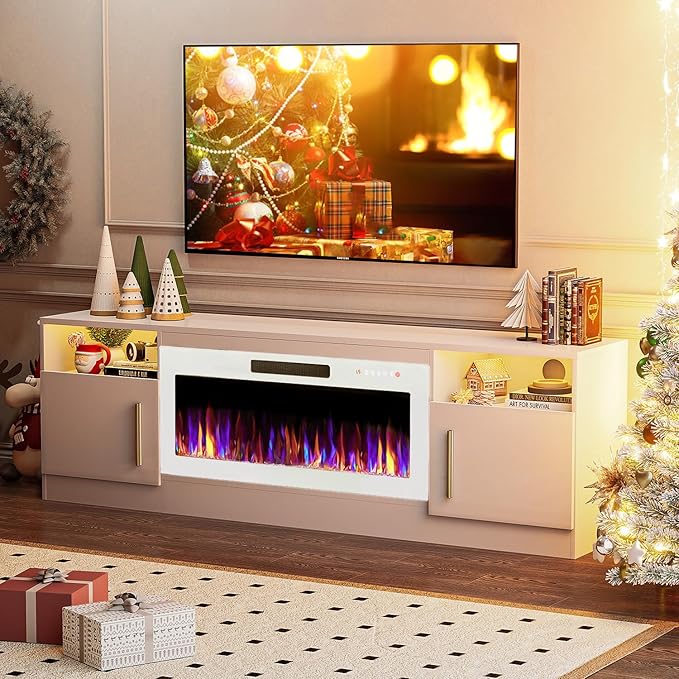 VITESSE TV Stand Fireplace with 36" inch Electric Fireplace Up to 80" TVs, LED Light Entertainment Center, 70" Modern Wood High Gloss with Highlight Storage Cabinet for Living Room (White)