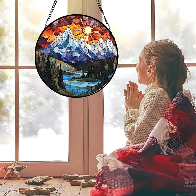 AMDERVEN Stained Glass Window Hanging - Colorful Mountain Lake Landscape Sun Catcher for Door Garden Home Decor Suncatcher Christmas Mother's Day Birthday Gifts for Women Men Mom Nana 6.3 in