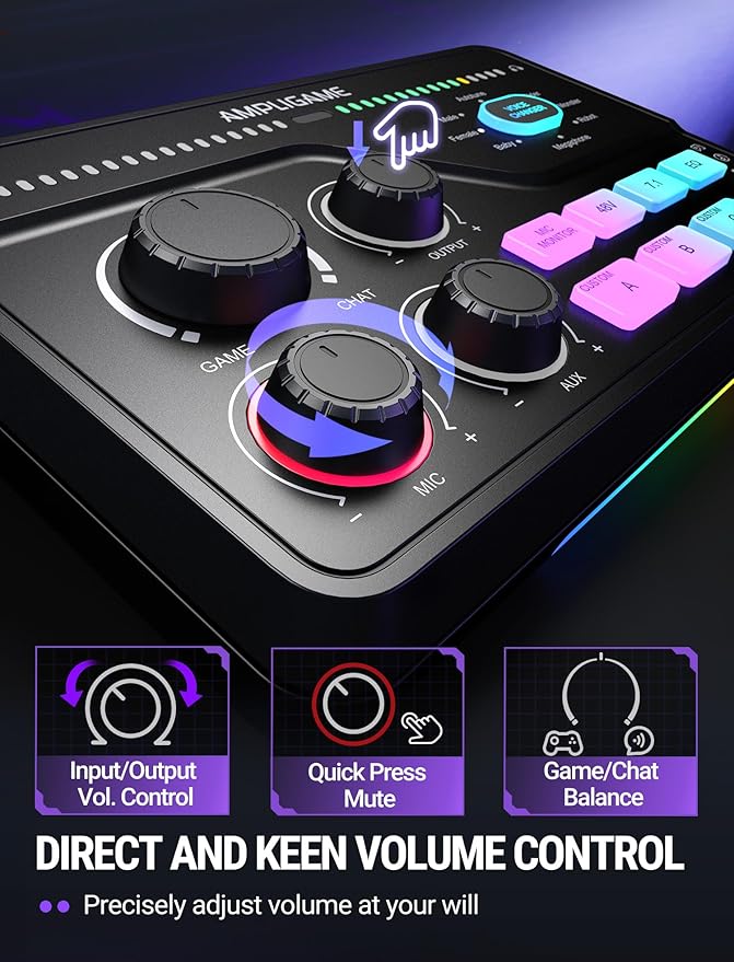 Fifine Gaming Mixer for Voice Chat and Streaming- 7.1ch Surround Sound Headphone Amp-XLR Preamp-USB Plug & Play-Voice Changer-RGB-Volume Control-3 EQ Modes Ampligame SC8