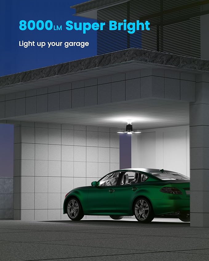 Kryoza Motion Sensor Garage Lights 8000LM, Deformable Motion Activated LED Garage Ceiling Light Bulbs, 3 Modes & 360° Detection, Sensor Lights Bulb Indoor for Workshop/Barn 2-Pack