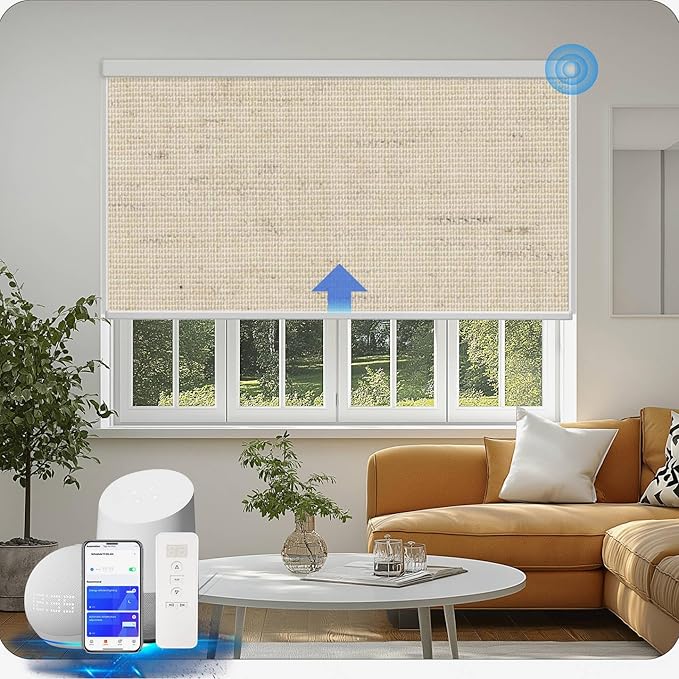 COOLWINDS Motorized Blinds with Remote Cordless Automatic Motorized Shades Custom Blinds for Windows Smart Curtains Compatible with Alexa Google Home(Blackout Linen Soft Dunes,W28 x H72in)