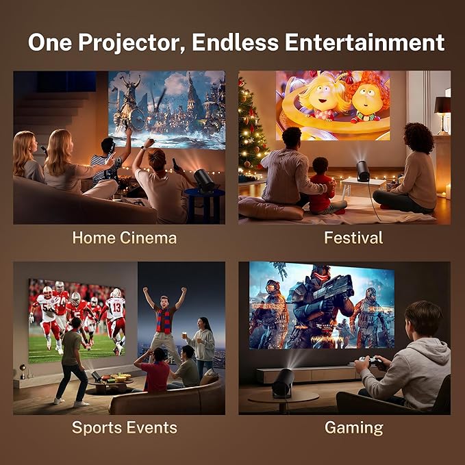 Mini Projector with WiFi 6 and Bluetooth 5.4 Built-in Android 11, 1080P 4K Support Portable Projector, Auto Vertical Keystone, LYNCAST 180° Rotatable Projector for Home,Outdoor OptiBarrel 500 Black