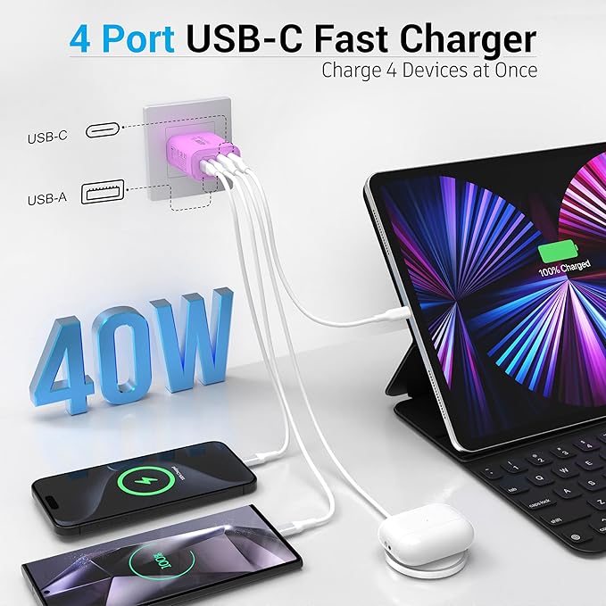TT&C USB C Block 40W, 4 Ports Wall Plug Fast Charging Block, PD+QC Multiport Power Adapter USB C Charger Type C for iPhone 17,17 Air, 17 Pro,17 Pro Max, 16,15,14,13,12, Galaxy Phones (Purple 1Pack)